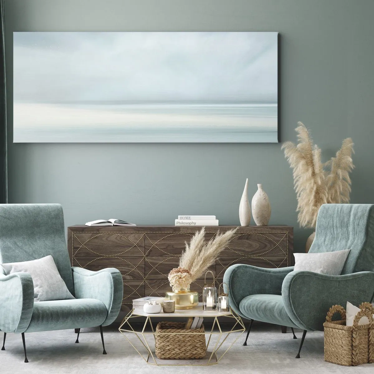 Bild auf Leinwand - Leinwandbild - Eine minimalistische Landschaft in zarten Blautönen - 120x50cm - Frieden bis zum Horizont - Moderne Wanddekoration für Wohnzimmer und Schlafzimmer ARTTOR
