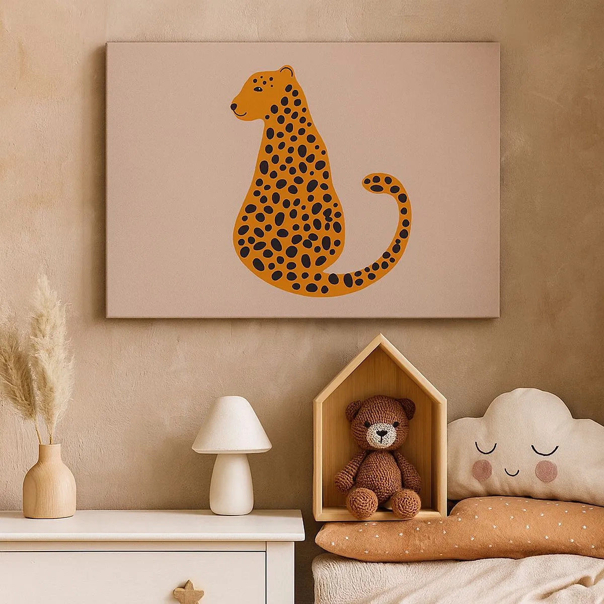 Bild auf Leinwand - Leinwandbild - Eine minimalistische Zeichnung eines Panthers auf beigem Hintergrund - 70x50cm - Leopardenmuster ist ein modisches Muster - Moderne Wanddekoration für Wohnzimmer und Schlafzimmer ARTTOR