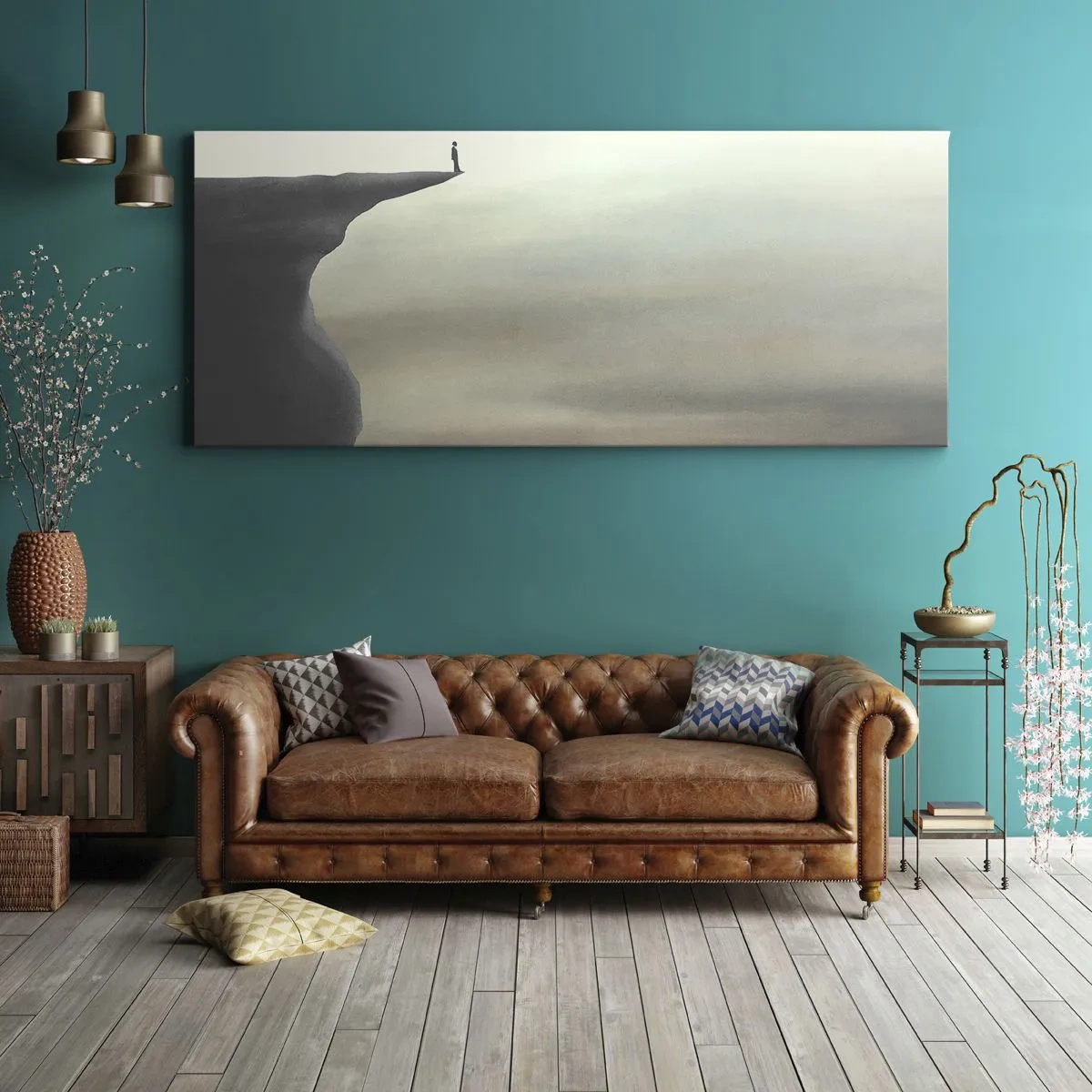 Bild auf Leinwand - Leinwandbild - Silhouette einer Figur am Rand einer Klippe in einer nebligen Landschaft - 120x50cm - Nach oben, natürlich! - Moderne Wanddekoration für Wohnzimmer und Schlafzimmer ARTTOR