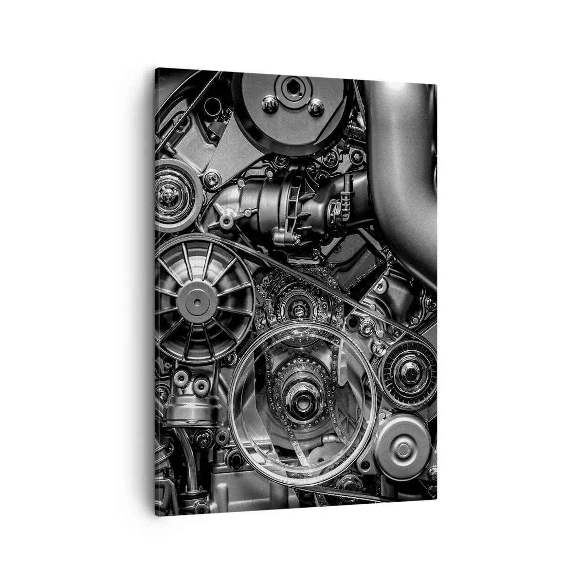 Bild auf Leinwand - Leinwandbild - Schwarz-Weiß-Nahaufnahme der mechanischen Details eines Automotors. - 50x70cm - Die Poesie der Mechanik - Moderne Wanddekoration für Wohnzimmer und Schlafzimmer ARTTOR