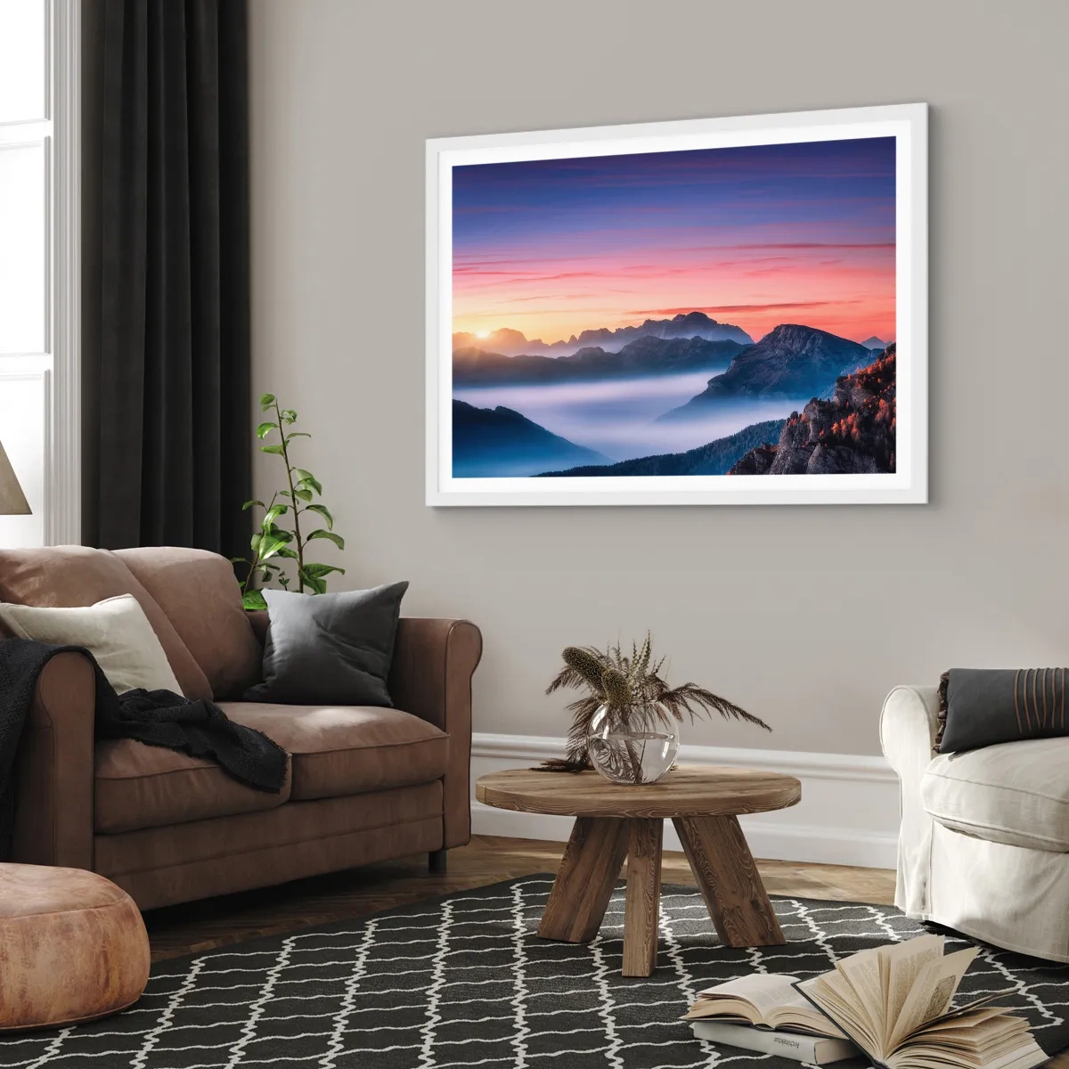 Poster in einem weißen Rahmen - Über die Täler - 50x40 cm