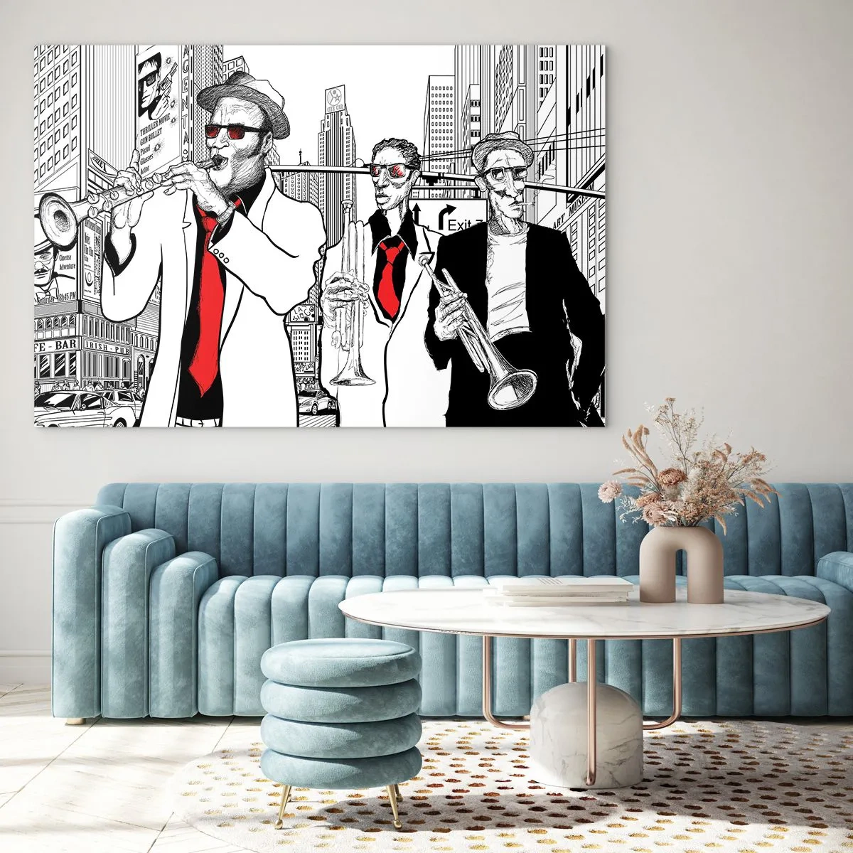 Glasbild - Bild auf glas - Eine Jazz-Straßenband mit modernem Grafikstil. - 120x80cm - Urbane Rhapsodie in Schwarz und Rot - Moderne Wanddekoration für Wohnzimmer und Schlafzimmer ARTTOR