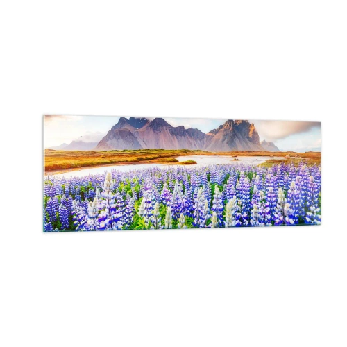 Glasbild - Bild auf glas - Blumen in einer Berglandschaft mit malerischem Himmel - 140x50cm - Kraft und Strenge neben Sanftmut - Moderne Wanddekoration für Wohnzimmer und Schlafzimmer ARTTOR