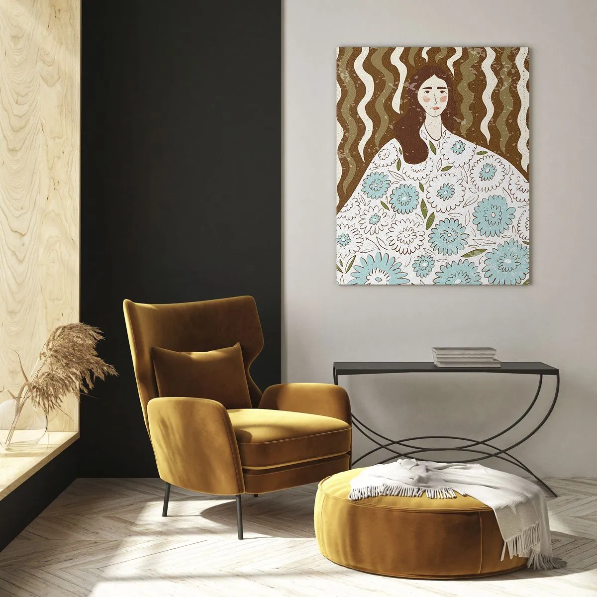 Glasbild - Bild auf glas - Porträt im floralen Gewand - 70x100 cm