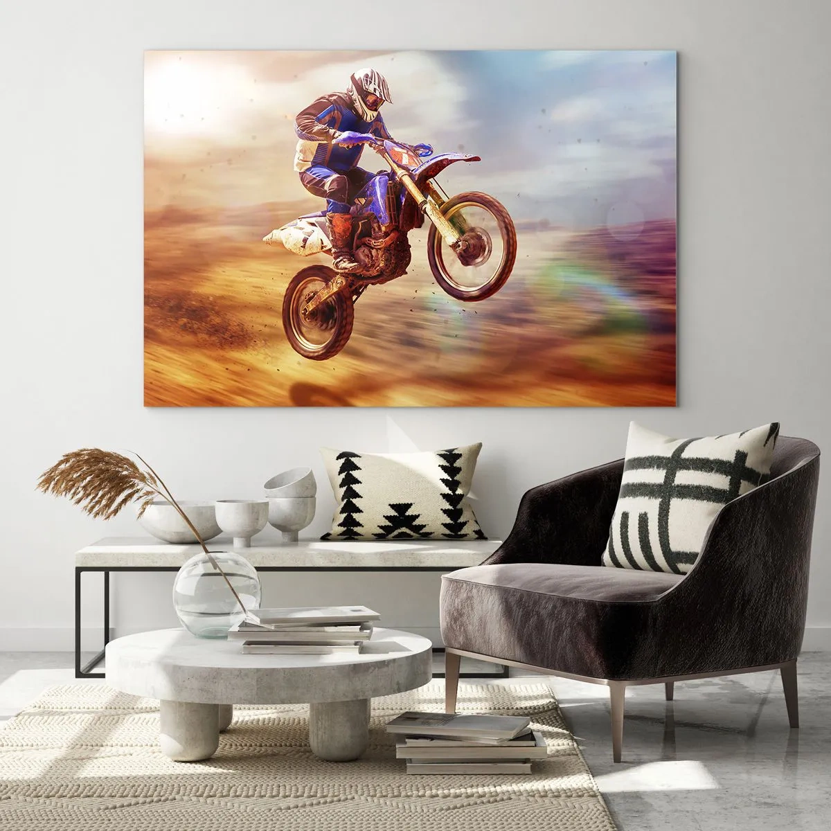 Glasbild - Bild auf glas - Ein Motorradfahrer fliegt über sandiges Gelände - 100x70cm - Motorradschwindel - Moderne Wanddekoration für Wohnzimmer und Schlafzimmer ARTTOR