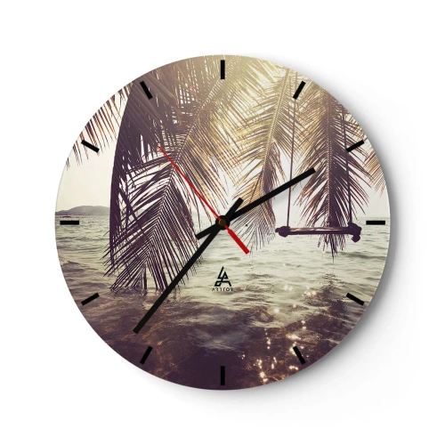 Wanduhr - Glasuhr - Hängematten und Palmen über dem Wasser bei Sonnenuntergang - 30x30cm - Sie können nach Belieben in den Wolken schwingen - Moderne Wanddekoration für Wohnzimmer, Küche und Schlafzimmer ARTTOR
