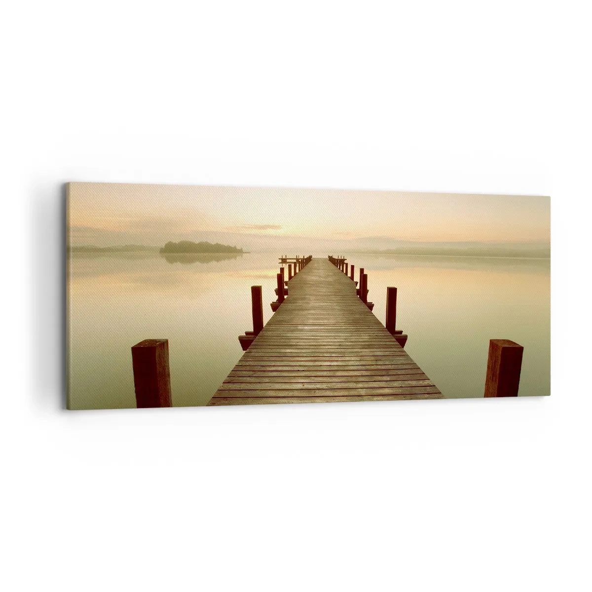 Bild auf Leinwand - Leinwandbild - Ein Holzsteg an einem ruhigen See am Morgen - 120x50cm - Tagesanbruch, Morgendämmerung, Licht - Moderne Wanddekoration für Wohnzimmer und Schlafzimmer ARTTOR