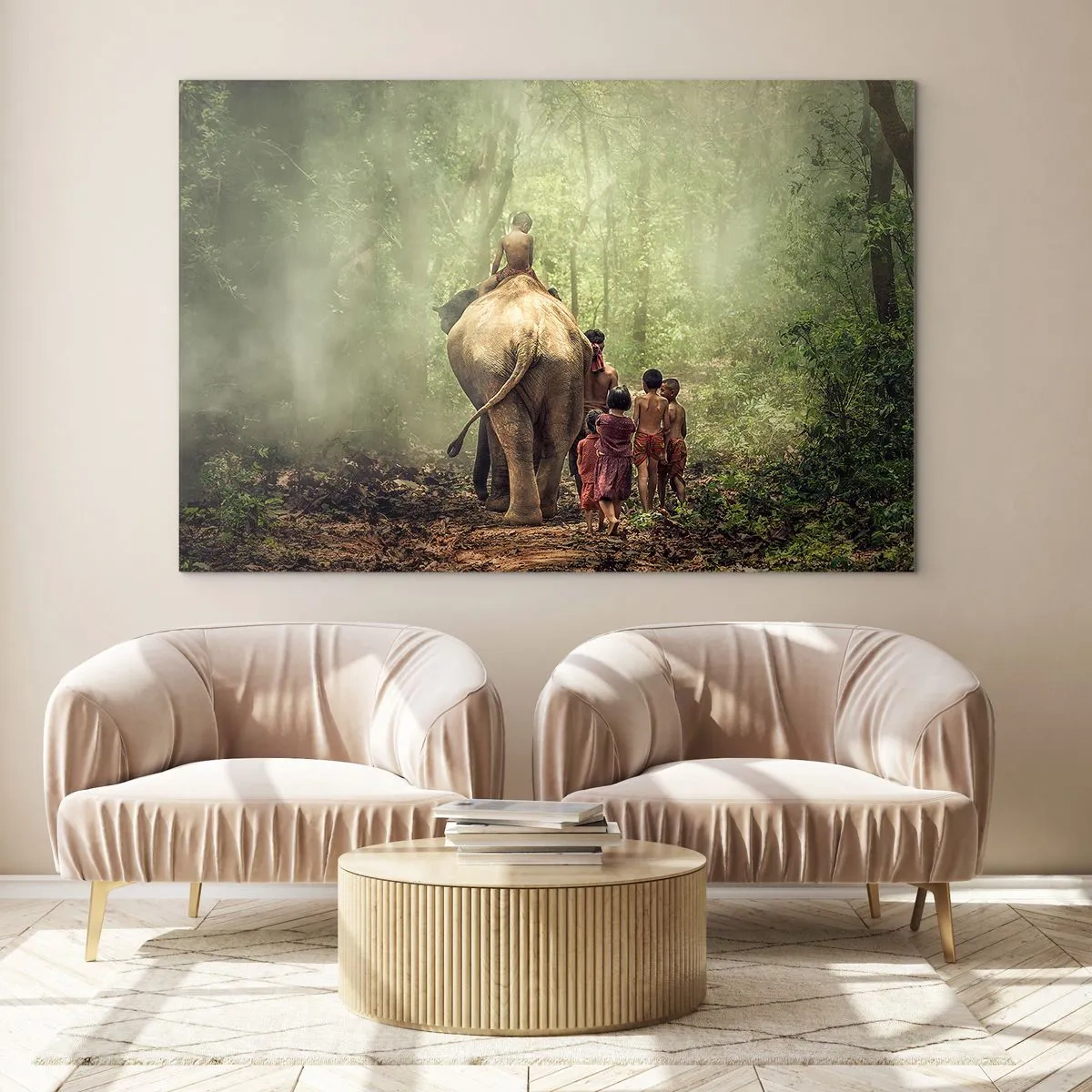 Glasbild - Bild auf glas - Ein Elefant im Wald mit Kindern in traditionellen Kostümen - 70x50cm - Neues Dschungelbuch - Moderne Wanddekoration für Wohnzimmer und Schlafzimmer ARTTOR