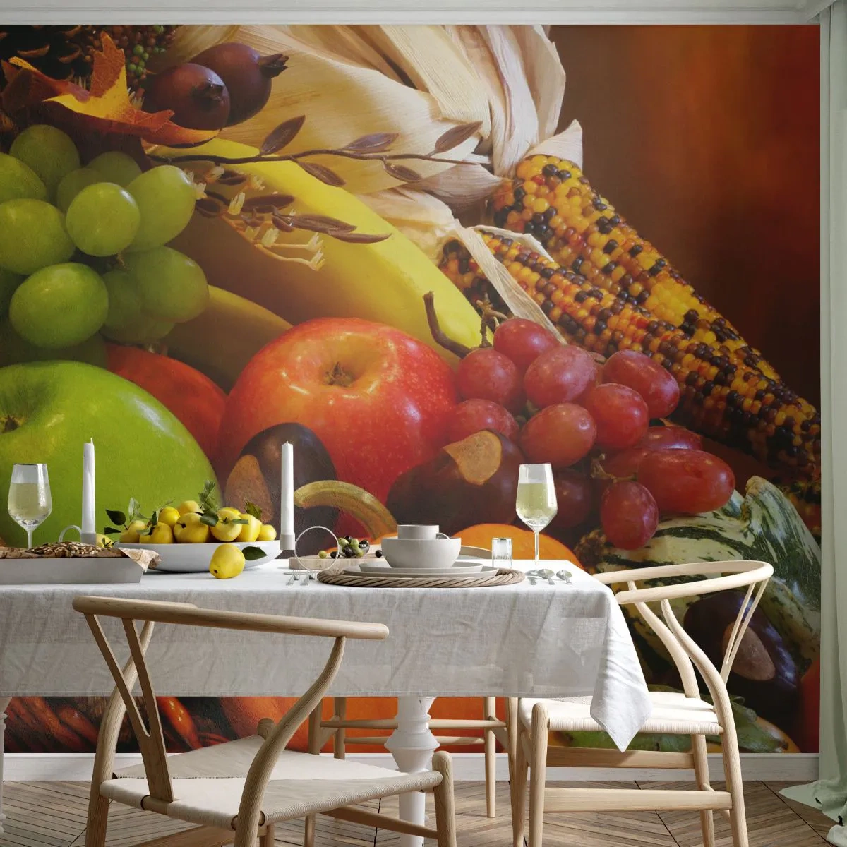 Fototapete Premium Sand - Ein Korb voller herbstlicher Früchte und Gemüse in warmen Farben - 100x70cm - Ein Korb voller Ernte - Moderne Wanddekoration für Wohnzimmer und Schlafzimmer ARTTOR