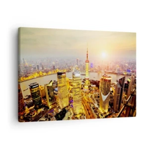 Bild auf Leinwand - Leinwandbild - Stadtpanorama mit Wolkenkratzern bei Sonnenuntergang - 70x50cm - Asiatischer Traum - Moderne Wanddekoration für Wohnzimmer und Schlafzimmer ARTTOR