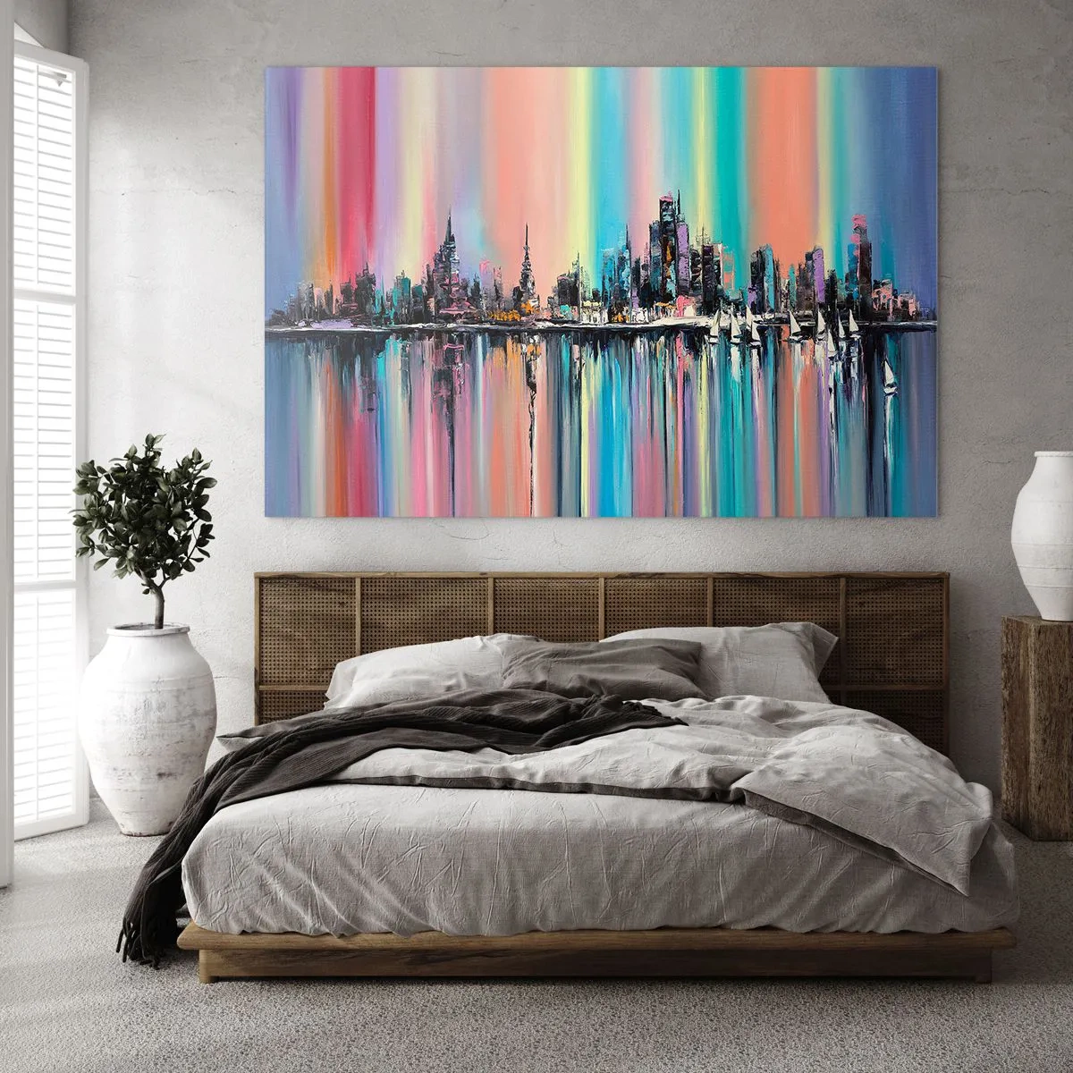 Glasbild - Bild auf glas - Abstraktes Stadtpanorama mit mehrfarbigem Hintergrund - 70x50cm - Um das Licht der Nacht herunterzufallen - Moderne Wanddekoration für Wohnzimmer und Schlafzimmer ARTTOR