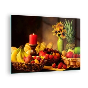 Glasbild - Bild auf glas - Eine Komposition aus Obst, Brot und einer Kerze im rustikalen Stil - 70x50cm - Stillleben mit Brot und Obst - Moderne Wanddekoration für Wohnzimmer und Schlafzimmer ARTTOR