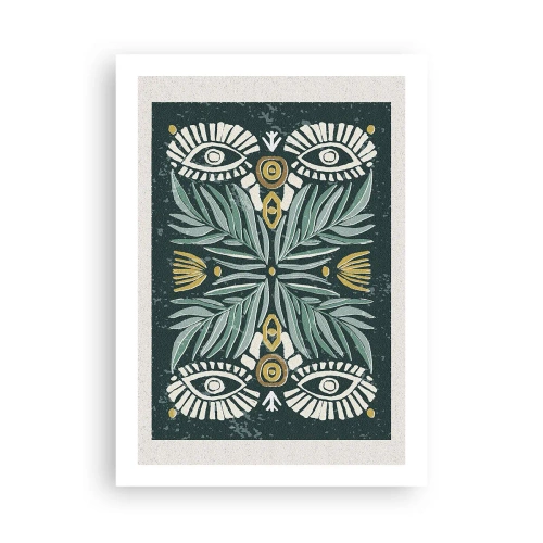 Poster - Symmetrisches Muster mit Blättern und Augen auf dunklem Hintergrund - 50x70cm - Wie ein Volksausschnitt - Moderne Wanddekoration für Wohnzimmer und Schlafzimmer ARTTOR