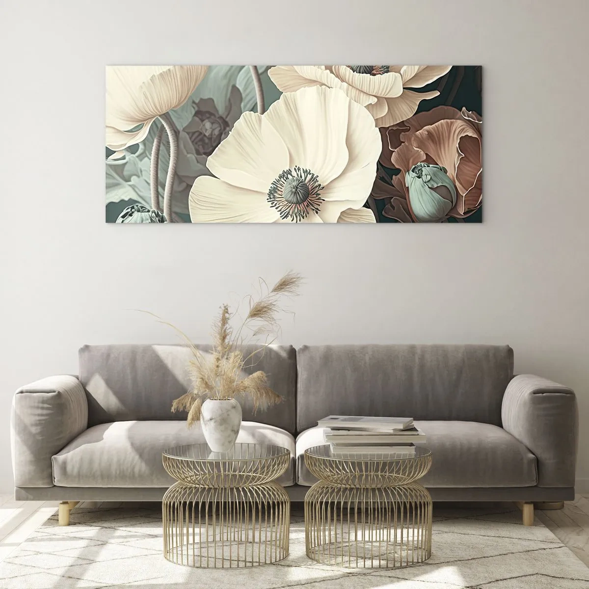 Glasbild - Bild auf glas - Elegante Blumen in Pastelltönen auf grünem Hintergrund - 120x50cm - Flüstern von Mohnblumen - Moderne Wanddekoration für Wohnzimmer und Schlafzimmer ARTTOR