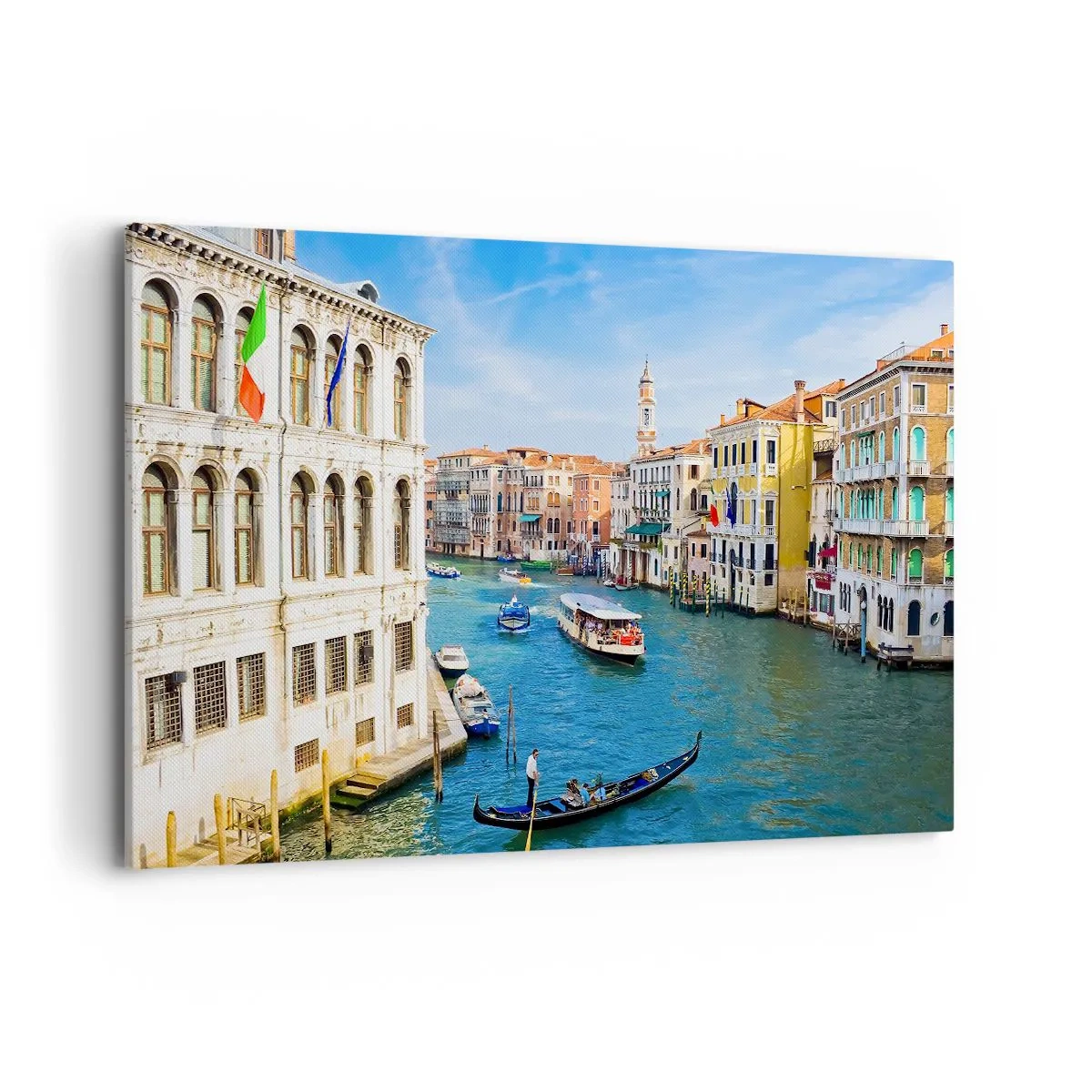Bild auf Leinwand - Leinwandbild - Ein venezianischer Kanal mit einer Gondel und farbenfrohen Gebäuden - 120x80cm - Der einzigartige Verkehr der Welt - Moderne Wanddekoration für Wohnzimmer und Schlafzimmer ARTTOR