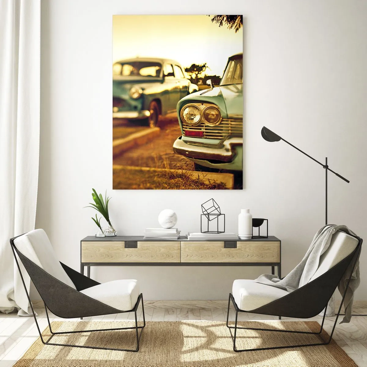 Glasbild - Bild auf glas - Retro-Autos im warmen Abendlicht - 50x70cm - Wir werden abwarten und sehen - Moderne Wanddekoration für Wohnzimmer und Schlafzimmer ARTTOR