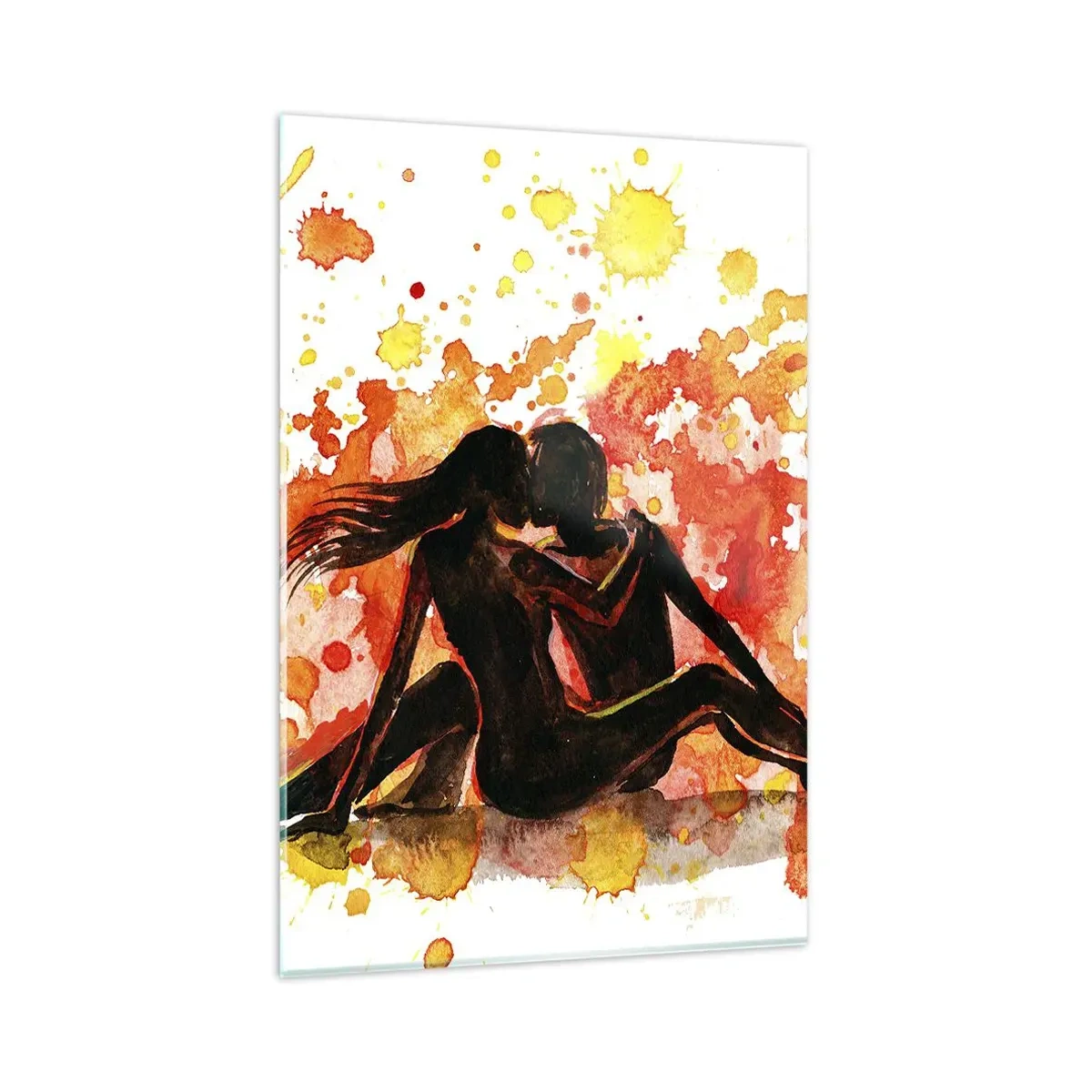 Glasbild - Bild auf glas - Ein romantisches Aquarell von zwei Menschen in warmen Farben. - 80x120cm - Und es war Licht - Moderne Wanddekoration für Wohnzimmer und Schlafzimmer ARTTOR