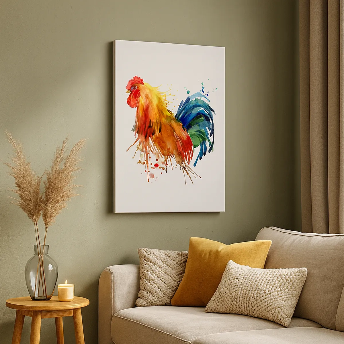 Bild auf Leinwand - Leinwandbild - Bunter Hahn im Aquarellstil - 50x70cm - Königliches Gewand, königlicher Stolz - Moderne Wanddekoration für Wohnzimmer und Schlafzimmer ARTTOR