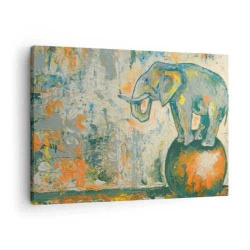 Bild auf Leinwand - Leinwandbild - Ein Elefant, der auf einem Ball balanciert, in einem künstlerischen Stil - 70x50cm - Es lebe der Zirkus! - Moderne Wanddekoration für Wohnzimmer und Schlafzimmer ARTTOR