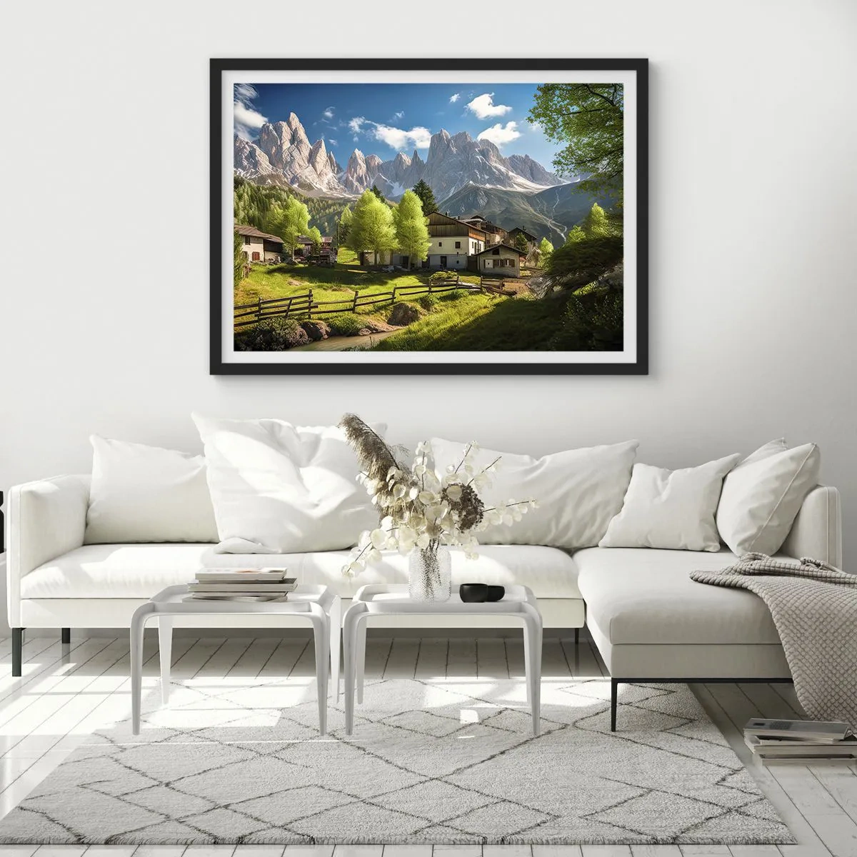 Poster in einem schwarzem Rahmen - Ein Bergdorf mit Häusern und Blick auf die Alpen - 70x50cm - Alpenidylle - Moderne Wanddekoration für Wohnzimmer und Schlafzimmer ARTTOR