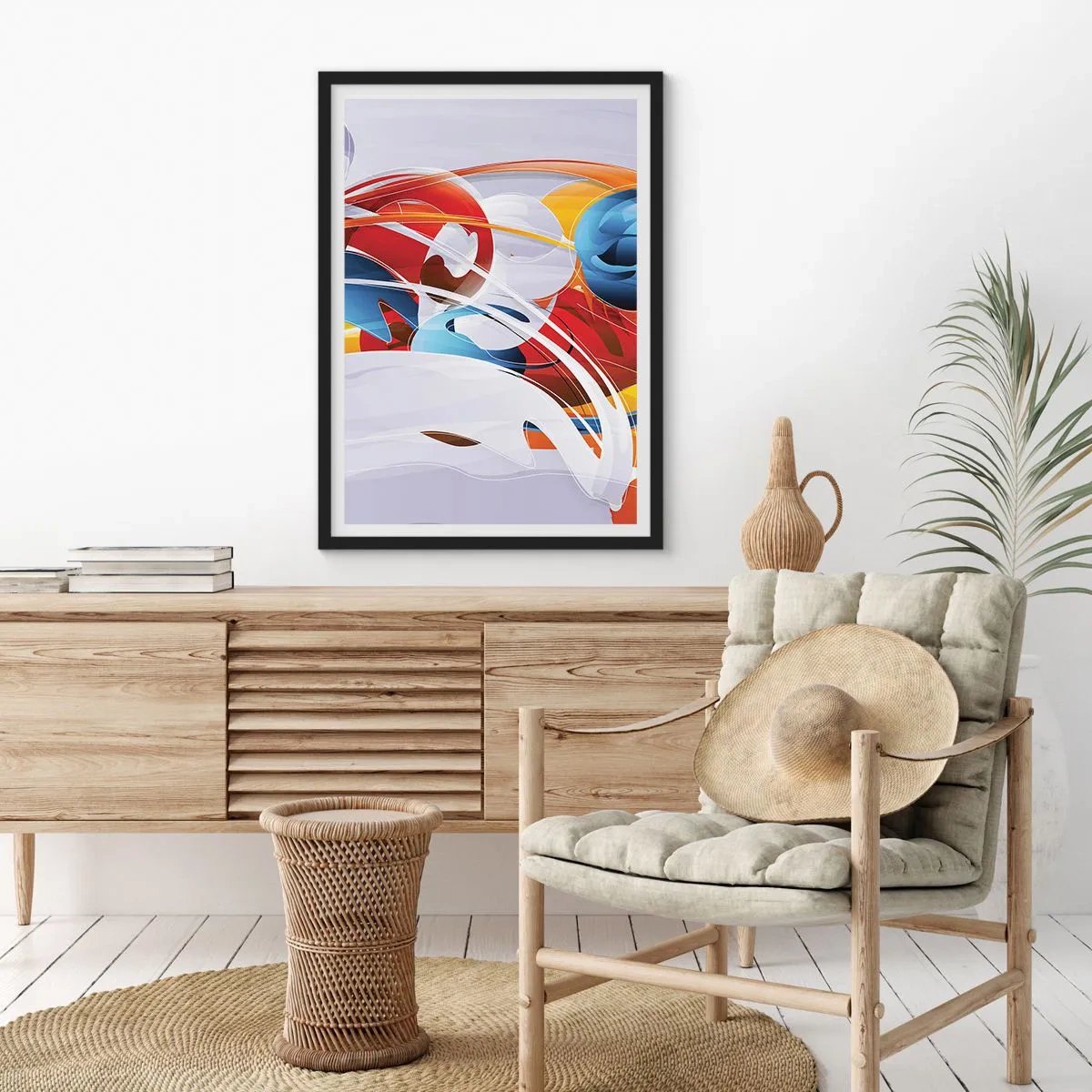 Poster in einem schwarzem Rahmen - Bunte Abstraktion mit dynamischen Formen - 50x70cm - Der Tanz der Elemente - Moderne Wanddekoration für Wohnzimmer und Schlafzimmer ARTTOR