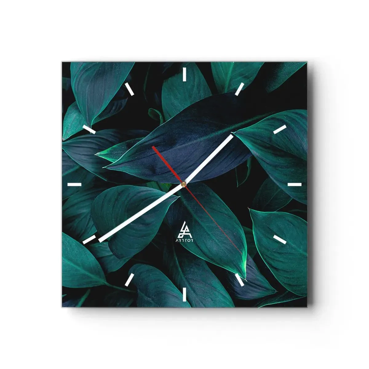 Wanduhr - Glasuhr - Nahaufnahme von grünen Blättern mit dunklem Hintergrund - 30x30cm - Grün in sich selbst - Moderne Wanddekoration für Wohnzimmer und Schlafzimmer ARTTOR
