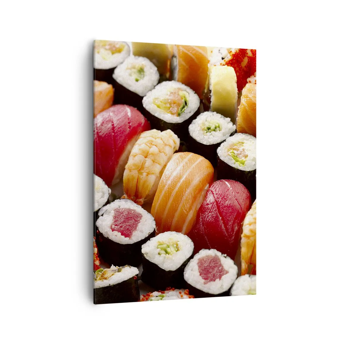 Bild auf Leinwand - Leinwandbild - Buntes Sushi in Reihen angeordnet mit verschiedenen Toppings - 70x100cm - Farben und Aromen Asiens - Moderne Wanddekoration für Wohnzimmer und Schlafzimmer ARTTOR