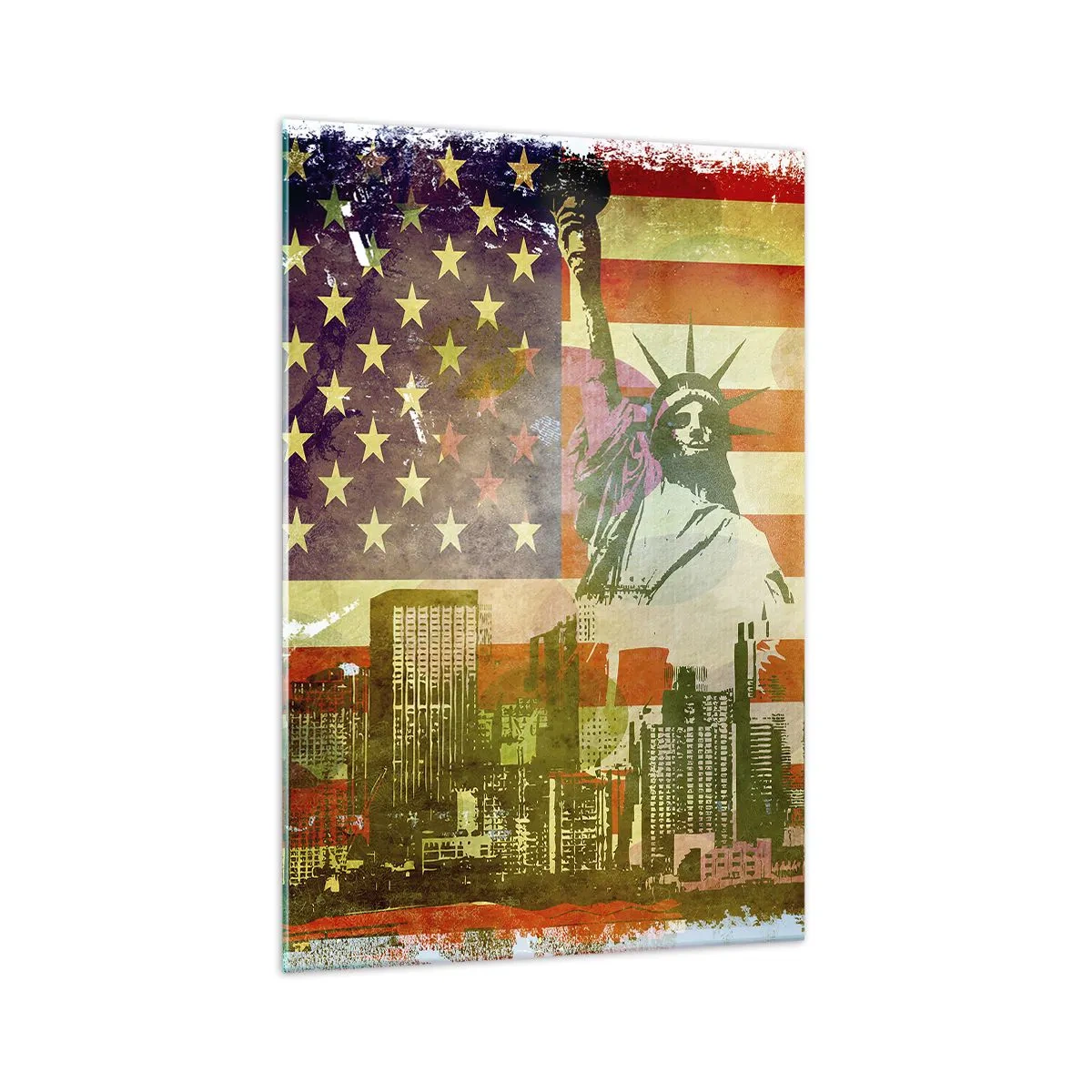 Glasbild - Bild auf glas - Die Freiheitsstatue vor dem Hintergrund der amerikanischen Flagge und der Skyline der Stadt - 70x100cm - Viva Amerika! - Moderne Wanddekoration für Wohnzimmer und Schlafzimmer ARTTOR