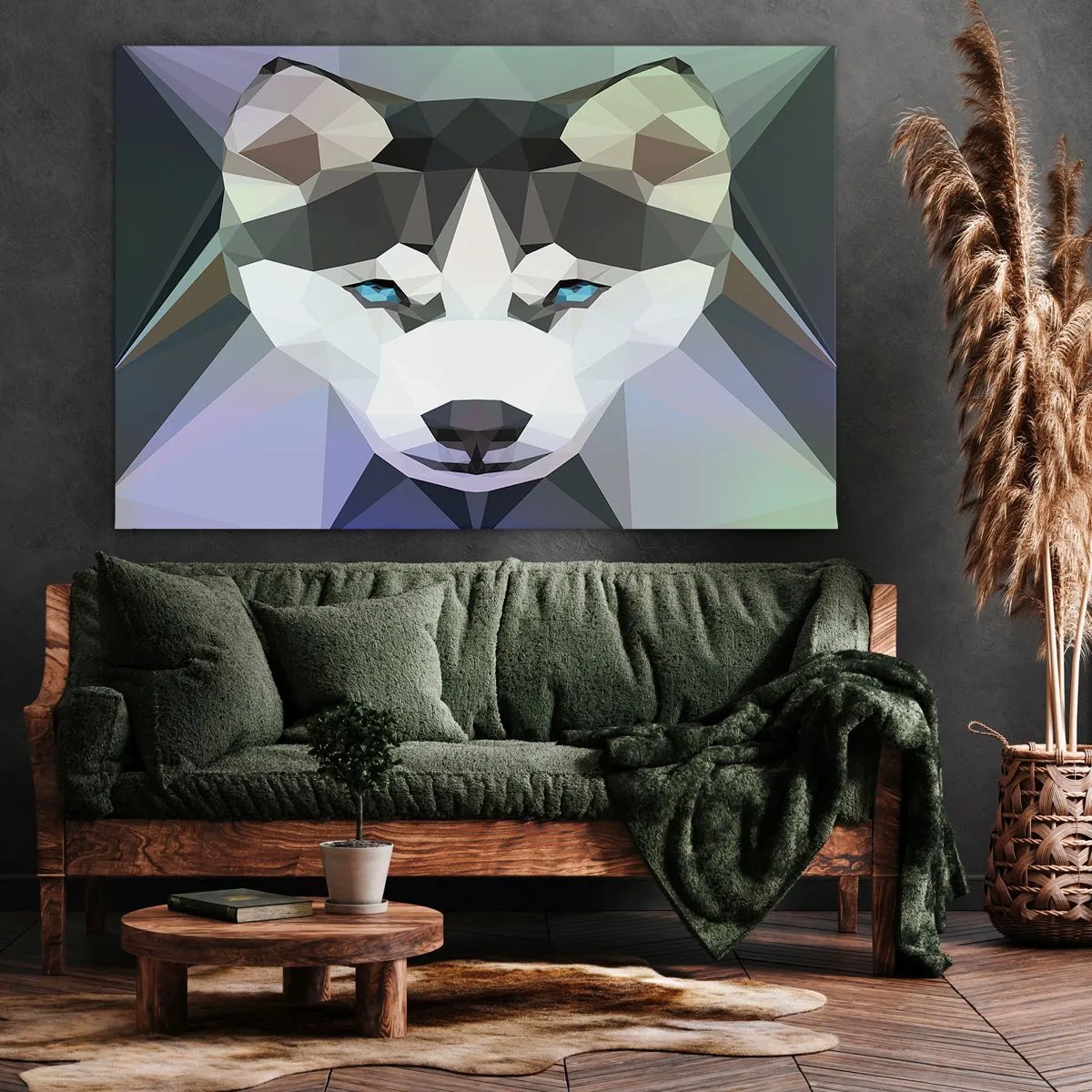 Bild auf Leinwand - Leinwandbild - Geometrischer Wolf mit ausdrucksstarken blauen Augen - 120x80cm - Die Erinnerung an den Schnee des Nordens - Moderne Wanddekoration für Wohnzimmer und Schlafzimmer ARTTOR