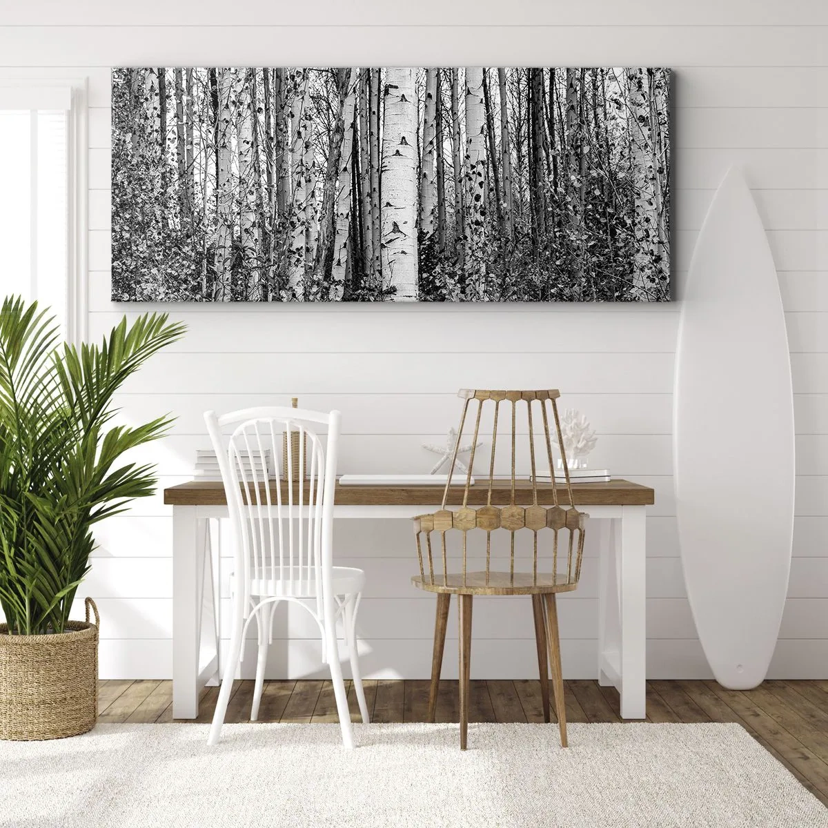 Bild auf Leinwand - Leinwandbild - Schwarz-weiße Birken im Wald - 120x50cm - Birkenkolonnade - Moderne Wanddekoration für Wohnzimmer und Schlafzimmer ARTTOR