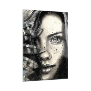 Glasbild - Bild auf glas - Porträt einer Frau mit Federn und abstrakten Details - 50x70cm - Wilde Schönheit - Moderne Wanddekoration für Wohnzimmer und Schlafzimmer ARTTOR