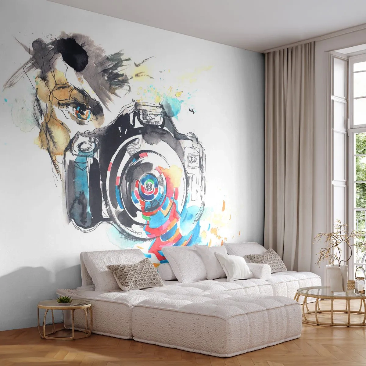 Fototapete Premium Sand - Eine Kamera im künstlerischen Aquarellstil - 100x70cm - Im Auge der Linse - Moderne Wanddekoration für Wohnzimmer und Schlafzimmer ARTTOR
