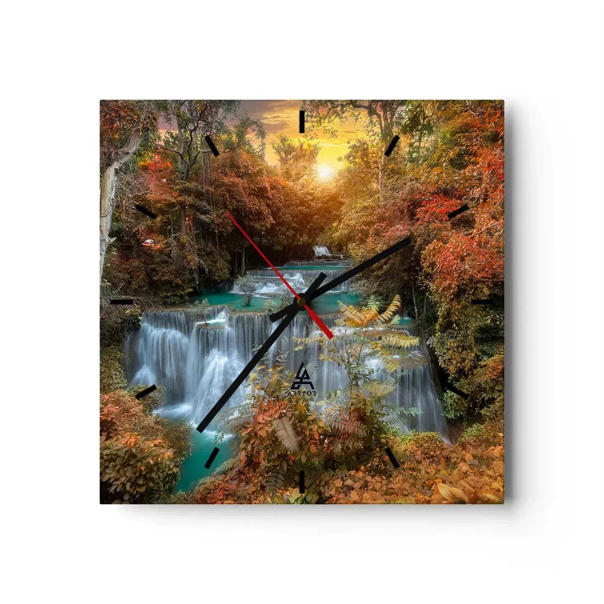 Wanduhr - Glasuhr - Herbstlicher Wasserfall, umgeben von bunten Bäumen im Sonnenlicht - 30x30cm - Versteckter Schatz des Waldes - Moderne Wanddekoration für Wohnzimmer und Schlafzimmer ARTTOR