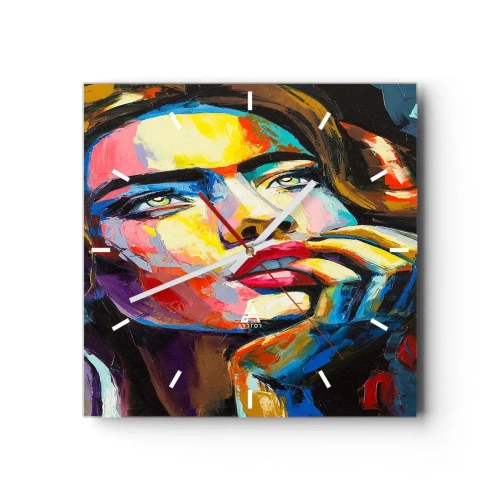 Wanduhr - Glasuhr - Farbenfrohes Frauenporträt im expressionistischen Stil - 30x30cm - Träume fliegen am Himmel wie Vögel - Moderne Wanddekoration für Wohnzimmer und Schlafzimmer ARTTOR