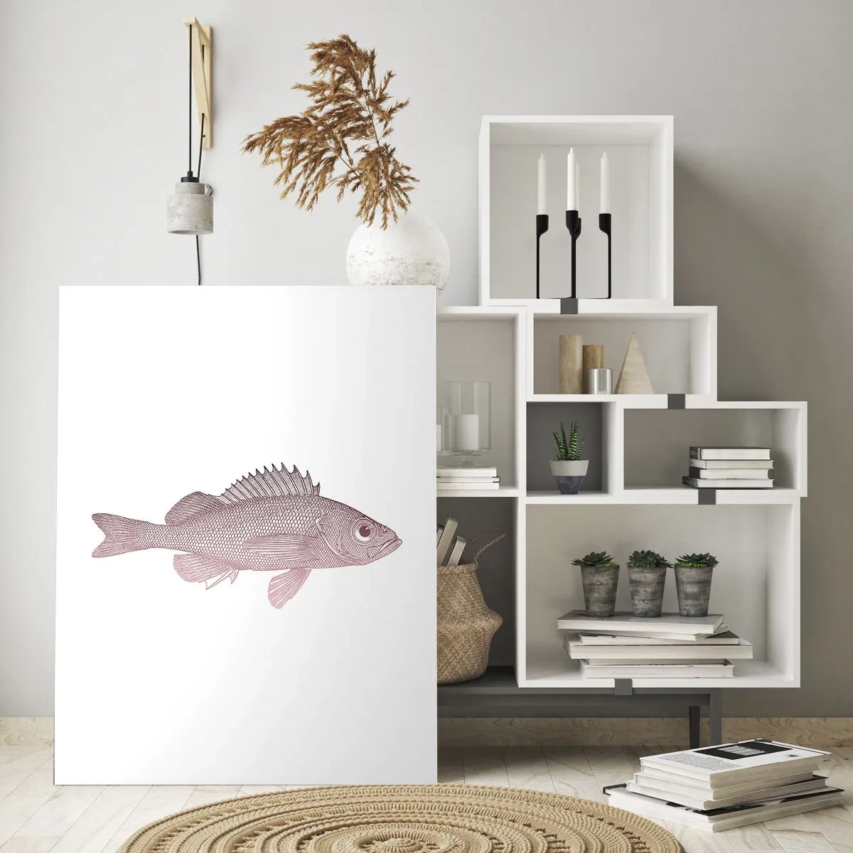 Glasbild - Bild auf glas - Grafik eines Fisches mit großem Auge im Retro-Stil auf weißem Hintergrund - 50x70cm - Großäugiger Fisch - Moderne Wanddekoration für Wohnzimmer und Schlafzimmer ARTTOR