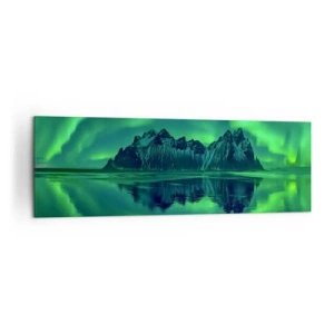Bild auf Leinwand - Leinwandbild - Berge, umgeben von Polarlichtern, die sich im Wasser spiegeln - 160x50cm - In den Armen der Aurora - Moderne Wanddekoration für Wohnzimmer und Schlafzimmer ARTTOR