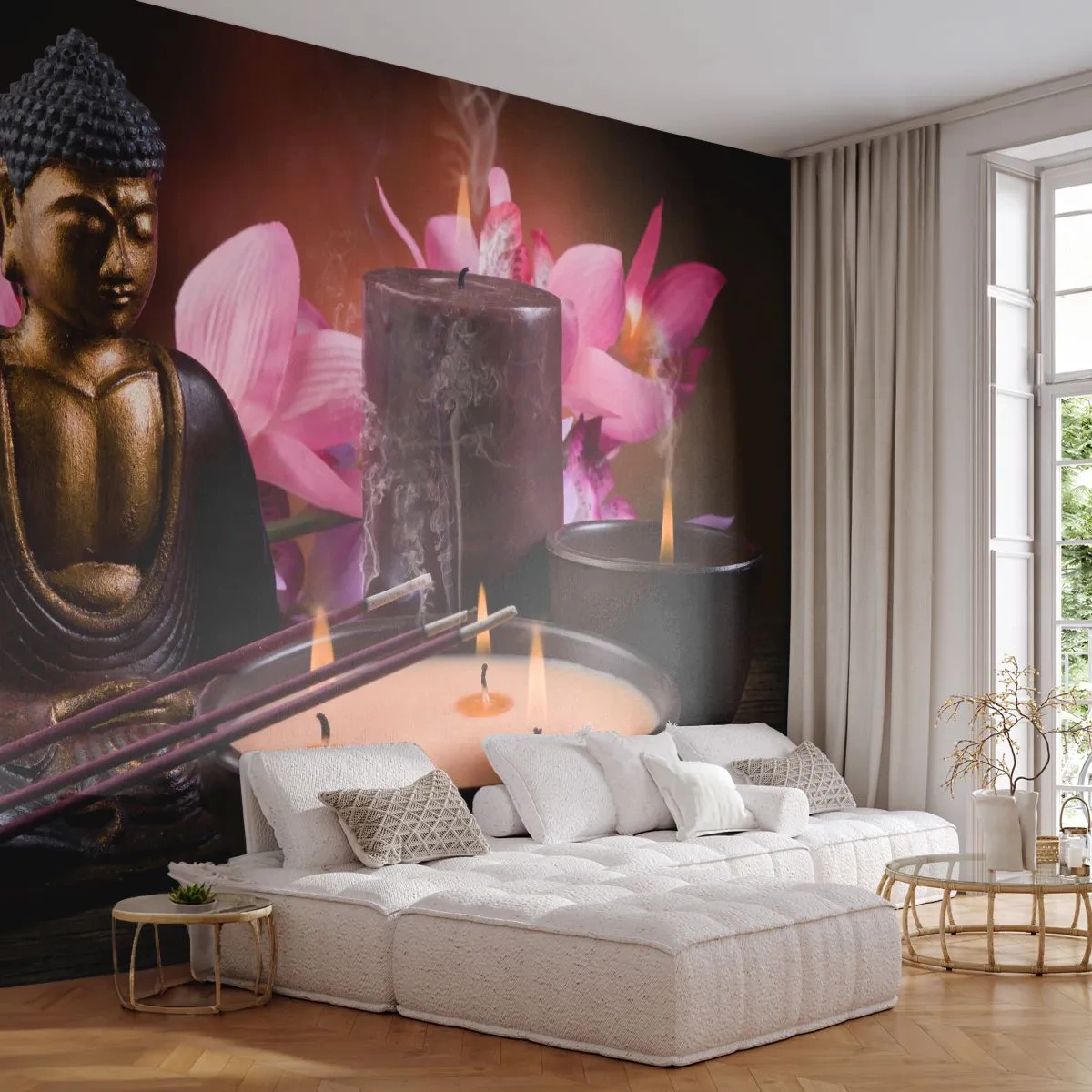 Fototapete Premium Sand - Den Geist frei machen, den Körper beruhigen - Buddha, Religion, Blumen - 400x280 cm