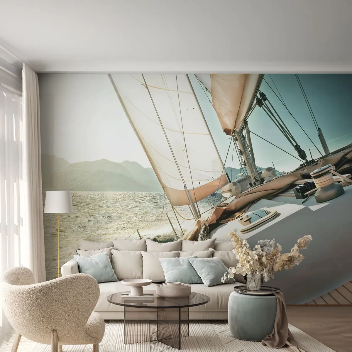 Fototapete Premium Sand - Eine Yachtkreuzfahrt mit vollen Segeln auf ruhiger See - 100x70cm - Unter vollen Segeln - Moderne Wanddekoration für Wohnzimmer und Schlafzimmer ARTTOR