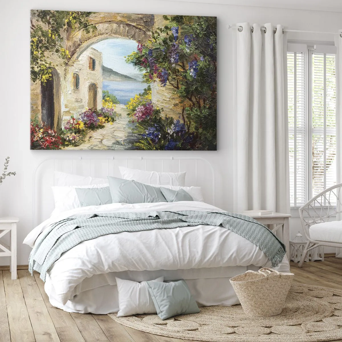 Bild auf Leinwand - Leinwandbild - Küstenlandschaft mit Steingebäuden und Blumen - 120x80cm - Charme einer Küstenprovinz - Moderne Wanddekoration für Wohnzimmer und Schlafzimmer ARTTOR