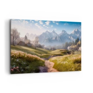 Bild auf Leinwand - Leinwandbild - Ein Bergtal mit Wiesen, Hütten und Blick auf die Gipfel - 120x80cm - Idyllisches Tal - Moderne Wanddekoration für Wohnzimmer und Schlafzimmer ARTTOR