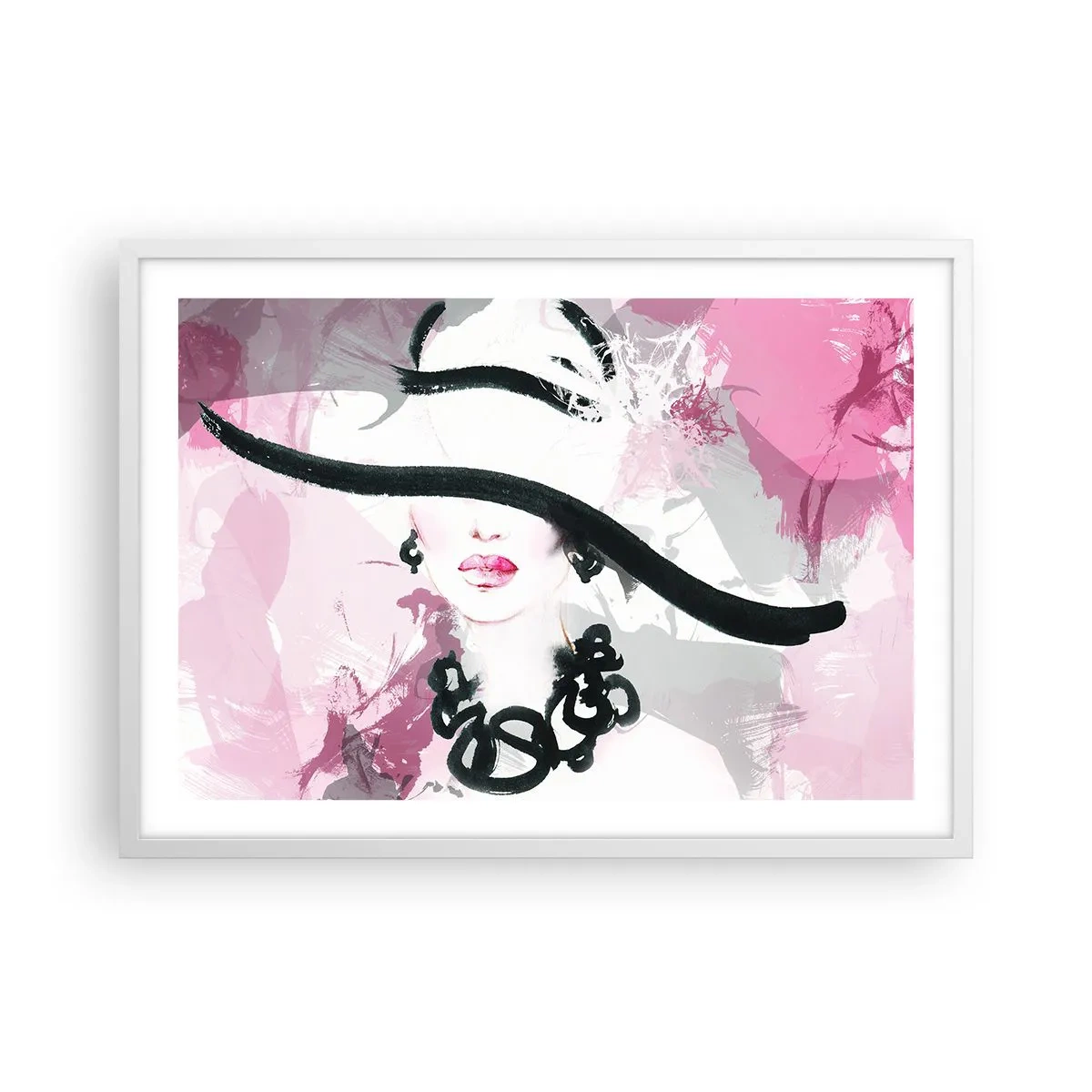 Poster in einem weißen Rahmen - Bildnis einer Dame in Schwarz und Pink - 70x50 cm