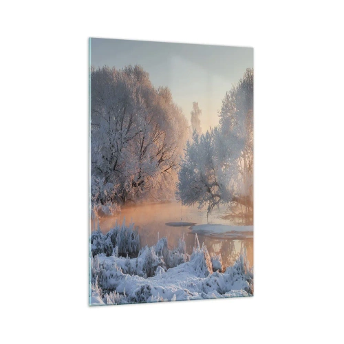 Glasbild - Bild auf glas - Winterlandschaft mit schneebedeckten Bäumen und einem Sonnenuntergang - 70x100cm - Alles im Kristall glänzt in der Sonne - Moderne Wanddekoration für Wohnzimmer und Schlafzimmer ARTTOR