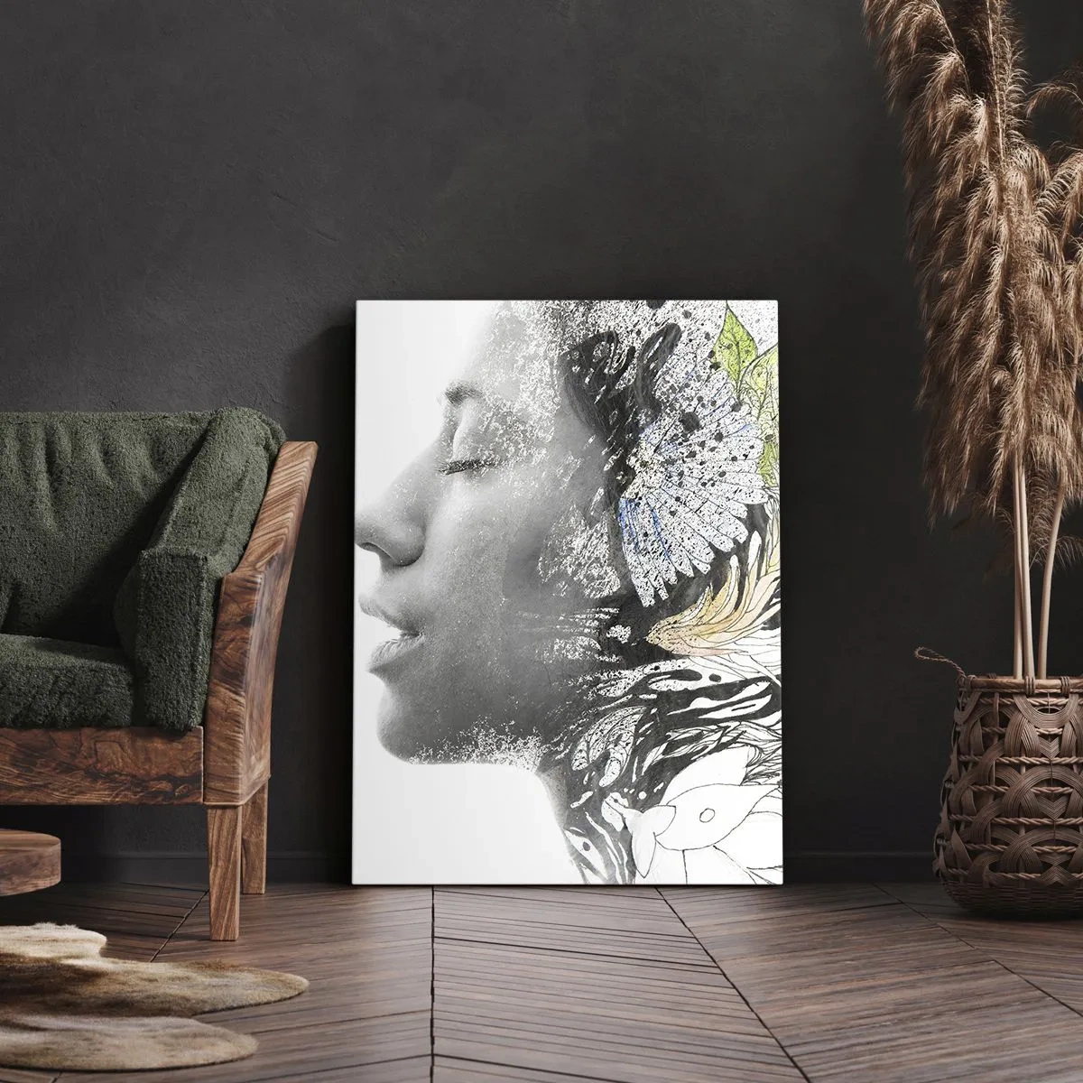 Bild auf Leinwand - Leinwandbild - Profil einer Frau in einer künstlerischen Collage aus Natur und Schwärze - 70x100cm - Eingebettet in der Natur - Moderne Wanddekoration für Wohnzimmer und Schlafzimmer ARTTOR