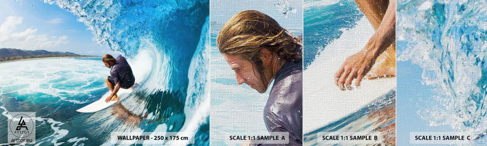 Fototapeten Muster Premium Canvas - Tanzen mit den Wellen - Sport, Surfen, Surfbrett - 100x30 cm