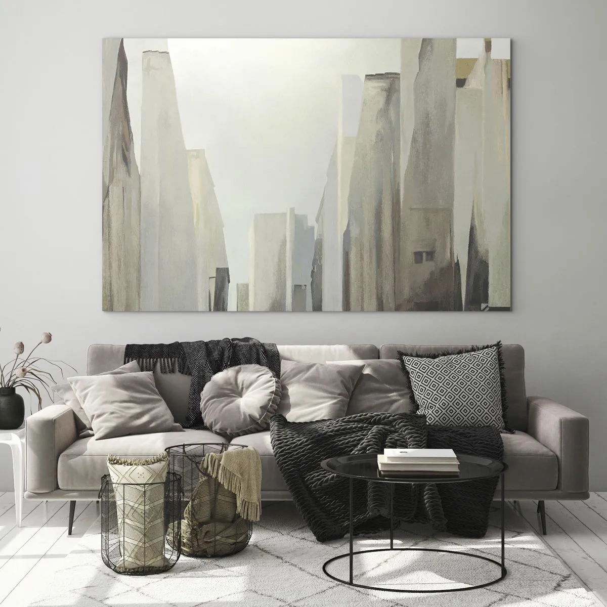 Glasbild - Bild auf glas - Eine abstrakte Vision von städtischen Gebäuden in einer gedämpften Farbpalette - 70x50cm - Traum von der Stadt - Moderne Wanddekoration für Wohnzimmer und Schlafzimmer ARTTOR