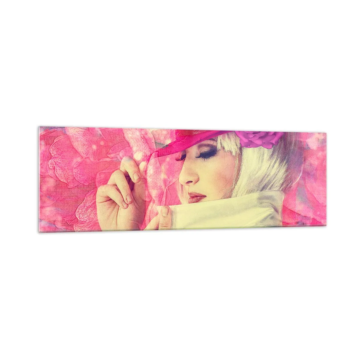 Glasbild - Bild auf glas - Stilvolle Frau mit rosa Hut und Blume - 160x50cm - Retro-Porträt in einem rosa Nebel - Moderne Wanddekoration für Wohnzimmer und Schlafzimmer ARTTOR