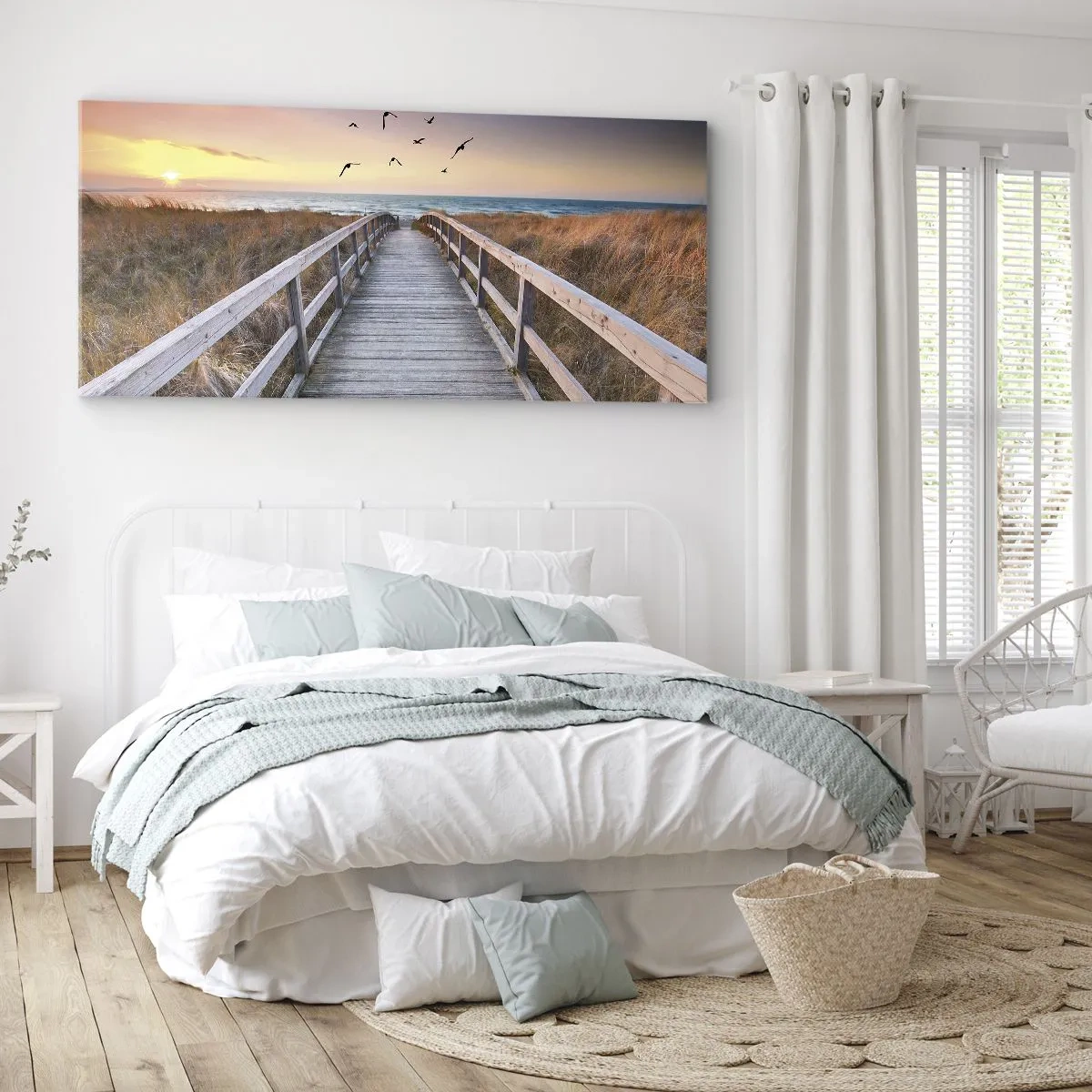 Bild auf Leinwand - Leinwandbild - Holzsteg zum Strand bei Sonnenuntergang - 160x50cm - Der Raum für Auffliegen - Moderne Wanddekoration für Wohnzimmer und Schlafzimmer ARTTOR