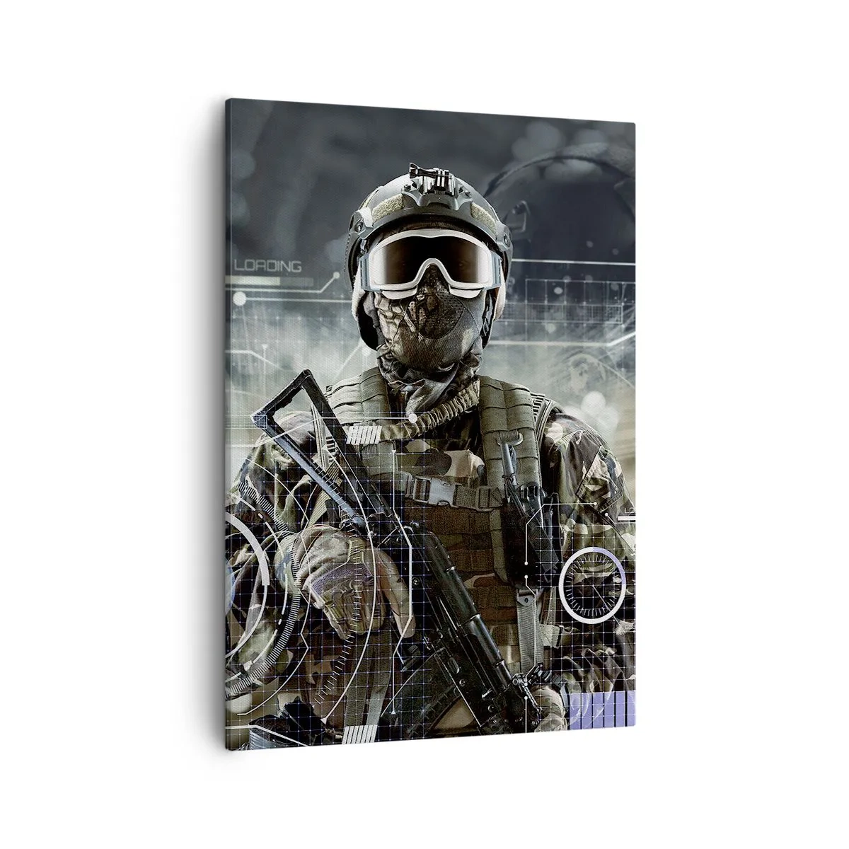 Bild auf Leinwand - Leinwandbild - Ein Soldat in einem futuristischen Helm mit einer Waffe vor dem Hintergrund der Technologie. - 50x70cm - Macht zu Macht - Moderne Wanddekoration für Wohnzimmer und Schlafzimmer ARTTOR