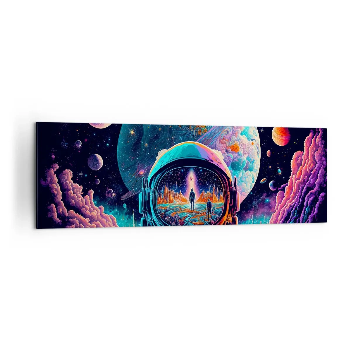 Bild auf Leinwand - Leinwandbild - Astronaut im Weltraum mit einer farbenfrohen Planetenlandschaft - 160x50cm - Philosophen haben nicht davon geträumt - Moderne Wanddekoration für Wohnzimmer und Schlafzimmer ARTTOR