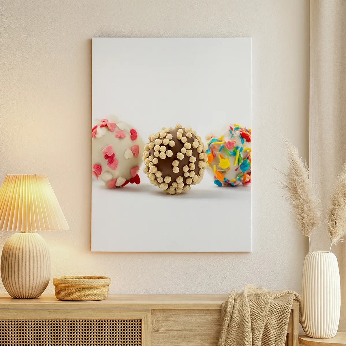 Bild auf Leinwand - Leinwandbild - Bunte Pralinen mit Dekorationen auf weißem Hintergrund - 50x70cm - Das Leben kann süß sein - Moderne Wanddekoration für Wohnzimmer und Schlafzimmer ARTTOR